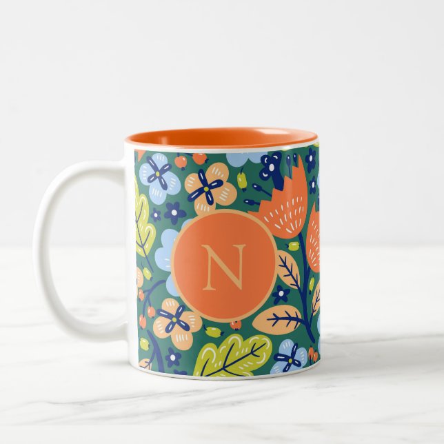 Caneca De Café Em Dois Tons Padrão Floral Moderno Brilhante Monograma (Esquerda)