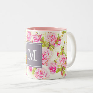 Caneca De Café Em Dois Tons Padrão Floral Personalizado Monograma Rosa Antigo