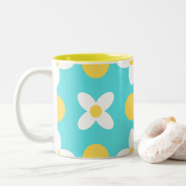 Caneca De Café Em Dois Tons Padrão Floral Retro Azul Turquesa