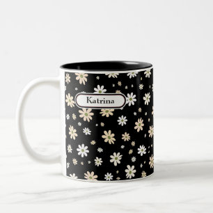 Caneca De Café Em Dois Tons Padrão Floral Retro Daisy Boho Personalizado Preto