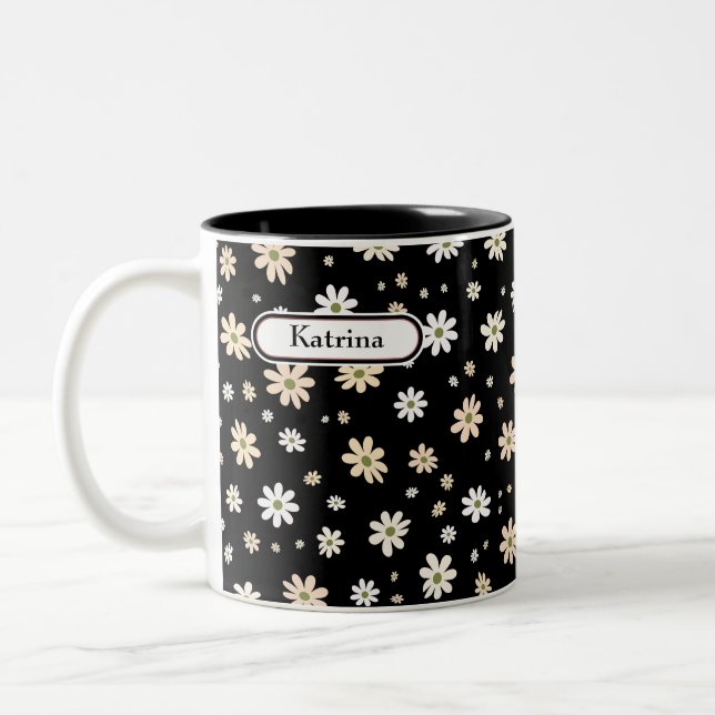 Caneca De Café Em Dois Tons Padrão Floral Retro Daisy Boho Personalizado Preto (Esquerda)