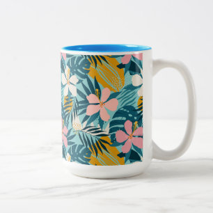 Caneca De Café Em Dois Tons Padrão Floral Tropical de Hibiscus
