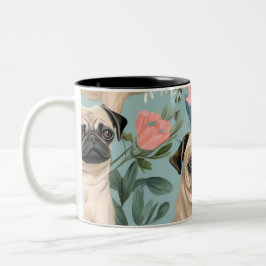 Caneca De Café Em Dois Tons Padrão Floral Vintage Pug Cachorro Botânico Fofo 
