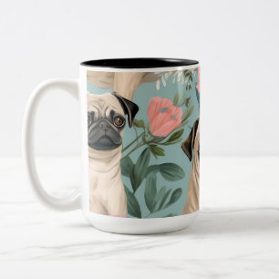 Caneca De Café Em Dois Tons Padrão Floral Vintage Pug Cachorro Botânico Fofo