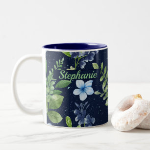 Caneca De Café Em Dois Tons Padrão Fluvial de Cor de Água Botânica Azul Elegan