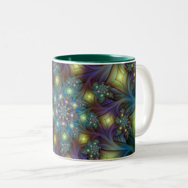 Caneca De Café Em Dois Tons Padrão Fratural azul-roxo iluminado (Frente Esquerda)