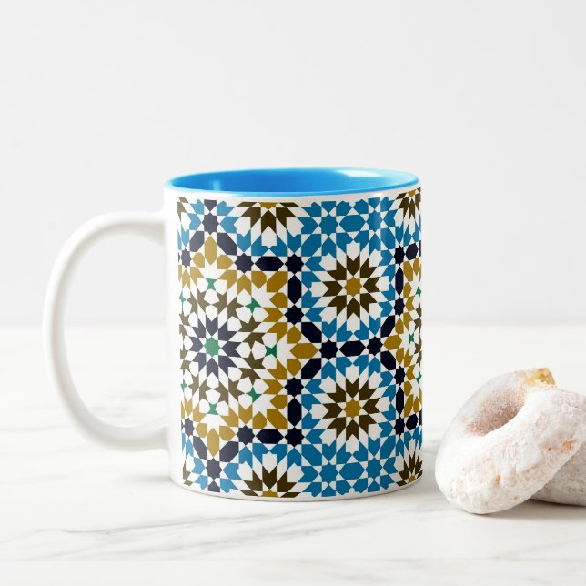 Caneca De Café Em Dois Tons Padrão Geométrico Boho Tradicional Mosaico Marroqu (Com Donut)