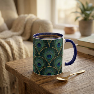 Caneca De Café Em Dois Tons Padrão Geométrico de Pena de Pavão Art Déco
