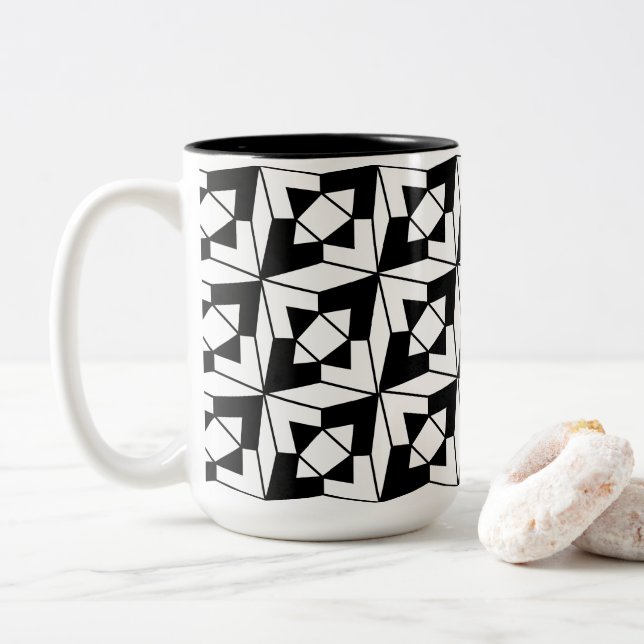 Caneca De Café Em Dois Tons Padrão Geométrico Preto e Branco Moderno (Com Donut)