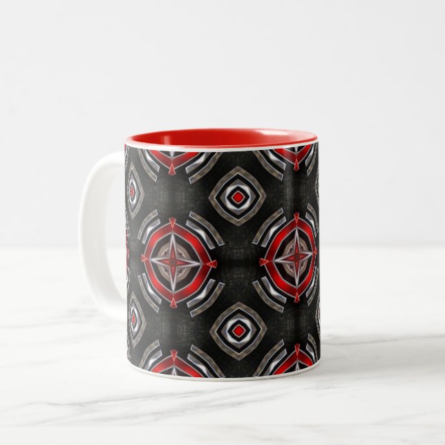 Caneca De Café Em Dois Tons Padrão Geométrico Vermelho e Preto (Frente Esquerda)