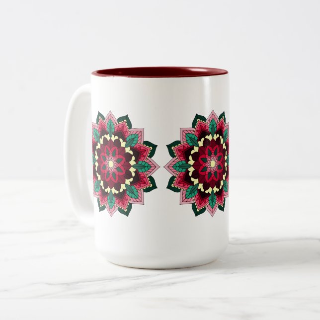 Caneca De Café Em Dois Tons Padrão Mandala 02 em rosa profundo (Frente Esquerda)