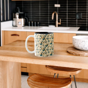 Caneca De Café Em Dois Tons Padrão Náutico Vintage em Azul, Marrom, Creme