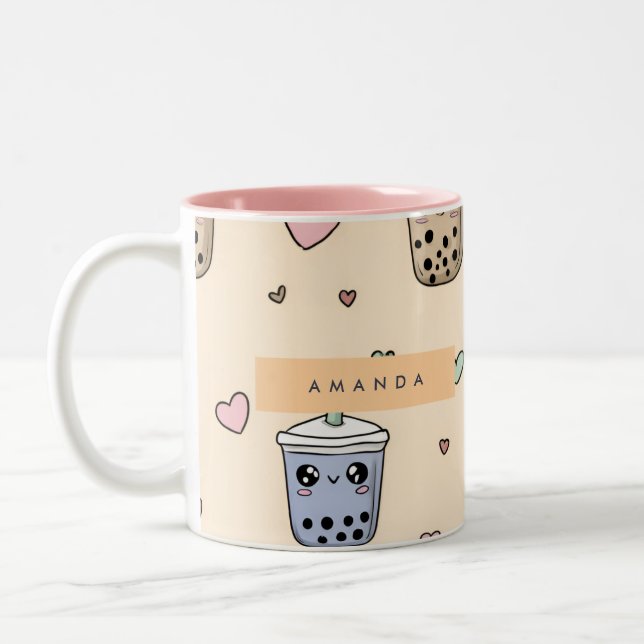 Caneca De Café Em Dois Tons Padrão Personalizado de Boba Tea Cute (Esquerda)