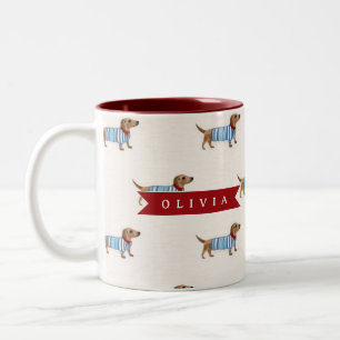 Caneca De Café Em Dois Tons Padrão Personalizado de Cachorro Dachshund Fofo e
