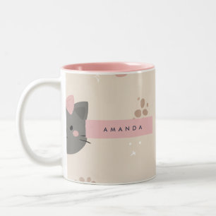Caneca De Café Em Dois Tons Padrão Personalizado de rosto de gato do Pastel Ka