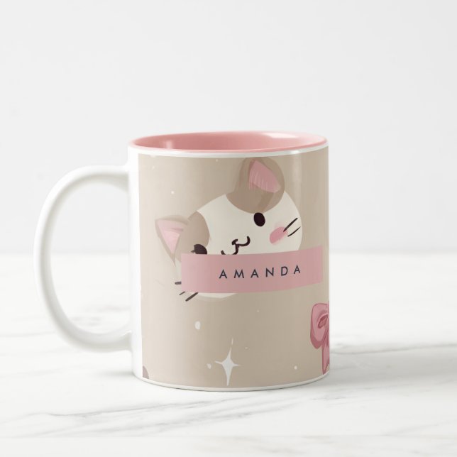 Caneca De Café Em Dois Tons Padrão Personalizado do rosto do gato Kawaii (Esquerda)