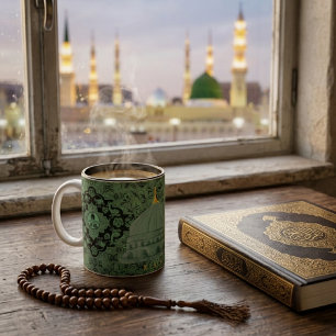Caneca De Café Em Dois Tons Padrão Rawdah e Mesquita da Cúpula Verde de Madina