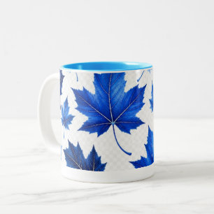 Caneca De Café Em Dois Tons Padrão Sem Costura de Folhas de Bordo Azuis - Alta