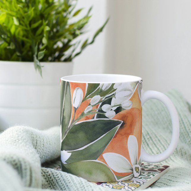 Caneca De Café Em Dois Tons Padrão Tropical Laranja e Flores de Água (Criador carregado)