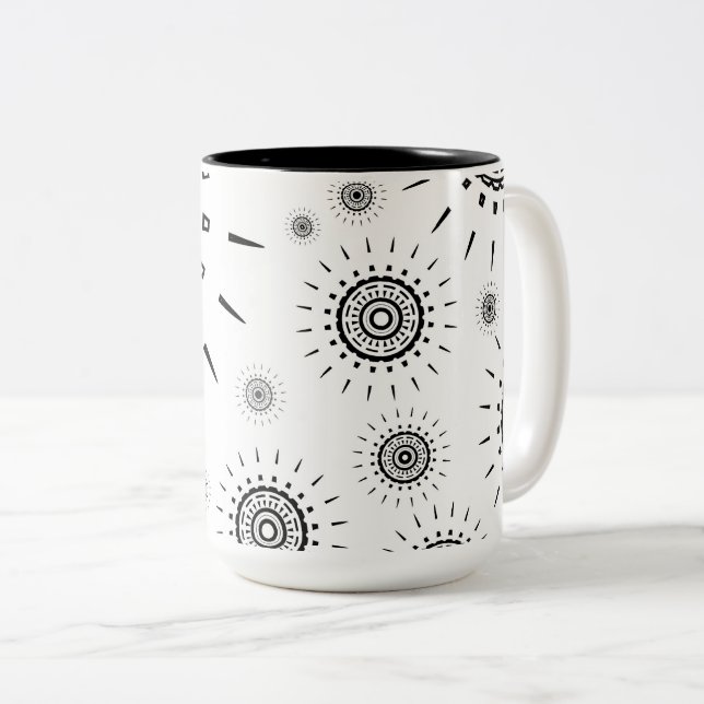 Caneca De Café Em Dois Tons Padrões de explosão preta no branco (Frente Esquerda)