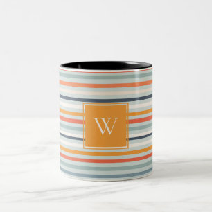 Caneca De Café Em Dois Tons Padrões riscados de Ochre Azul Cor-de-laranja-Cinz