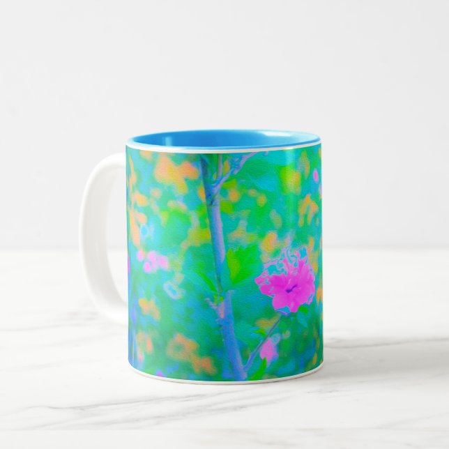 Caneca De Café Em Dois Tons Paisagem Azul Impressionista com Flor Rosa (Frente Esquerda)