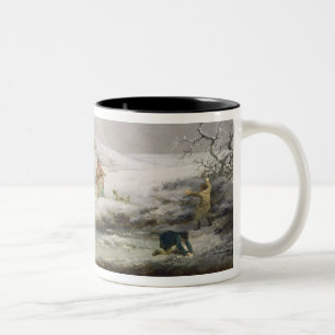 Caneca De Café Em Dois Tons Paisagem de inverno com Homens Neves Batendo uma M