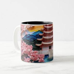Caneca De Café Em Dois Tons Paisagem Japonesa Colorida Fundo