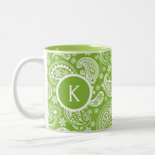 Caneca De Café Em Dois Tons Paisley da Vintagem Verde e Branco Monograma