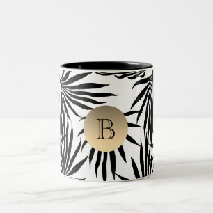 Caneca De Café Em Dois Tons Palmeira Tropical Monograma Preto Branco Dourado