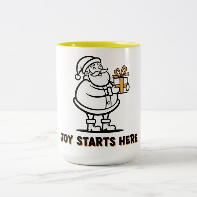 Caneca De Café Em Dois Tons Papai Noel Alegre com Presente (Centro)