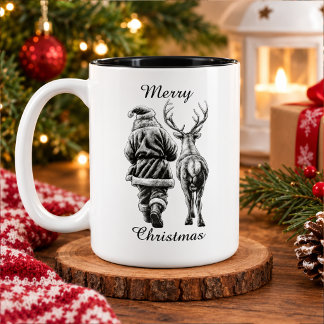 Caneca De Café Em Dois Tons Papai Noel e Rena de Natal