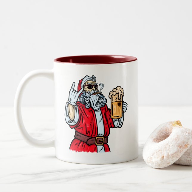 Caneca De Café Em Dois Tons Papai Noel Mau, Rocha, Cerveja e Charuto (Com Donut)
