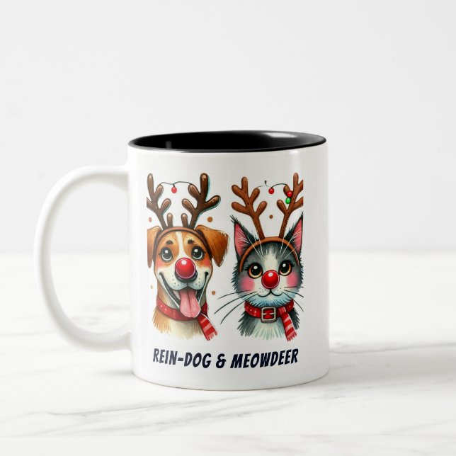 Caneca De Café Em Dois Tons Papais noeis Engraçados, Gato e Cachorro (Esquerda)