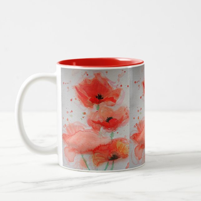 Caneca De Café Em Dois Tons Papoulas Vermelhas Brilhantes Aquarela Floral Aniv (Esquerda)
