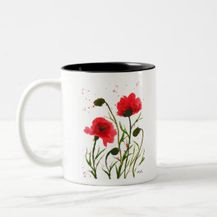 Caneca De Café Em Dois Tons Papoulas vermelhas flores aquarela rústica chique