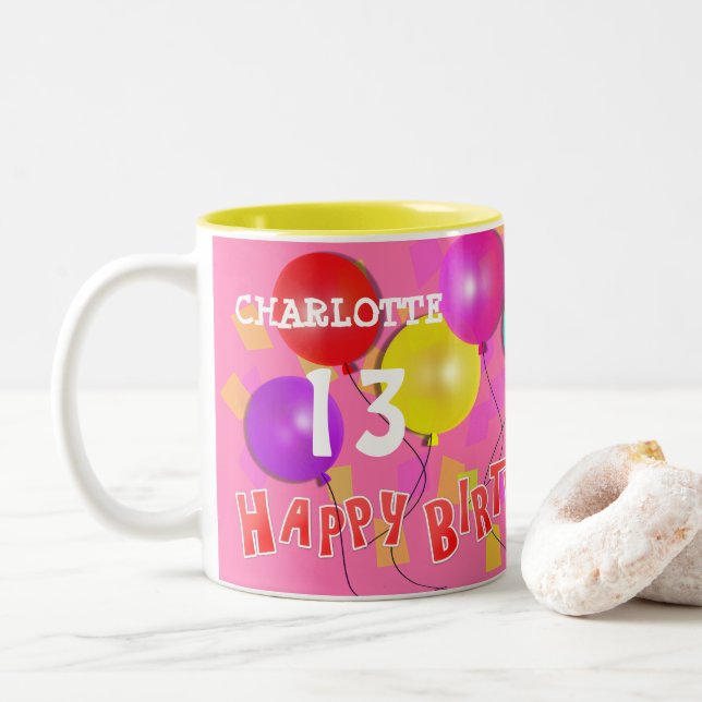 Caneca De Café Em Dois Tons Parabéns, 13 do Diversão de Aniversário, Milestone (Com Donut)