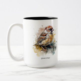 Caneca De Café Em Dois Tons Pardal Aquarela Rústica, personalizado