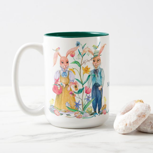 Caneca De Café Em Dois Tons Páscoa Coelhos Coelhinhos Coxos Flores Monograma (Com Donut)