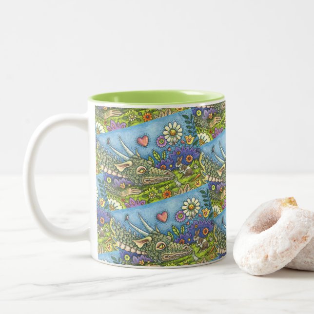 Caneca De Café Em Dois Tons Páscoa DRAGON EM BUNNY TRAIL Fantasy (Com Donut)