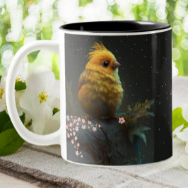 Caneca De Café Em Dois Tons Pássaro Amarelo Cinto Pink Flor Noite Estelar Pers