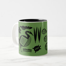 Caneca De Café Em Dois Tons Pássaro antigo, tartaruga, grama, com tinta de águ
