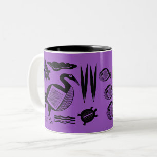 Caneca De Café Em Dois Tons Pássaro antigo, tartaruga, grama, púrpura com tint