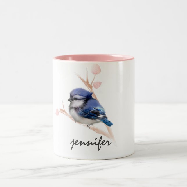 Caneca De Café Em Dois Tons Pássaro azul-jay, branco personalizado (Centro)