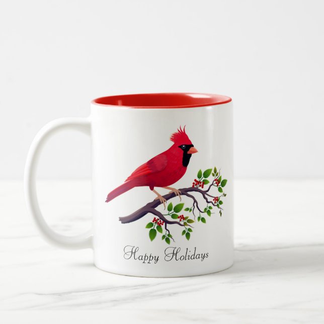 Caneca De Café Em Dois Tons Pássaro Cardeal Vermelho na Ramificação das Árvore (Esquerda)