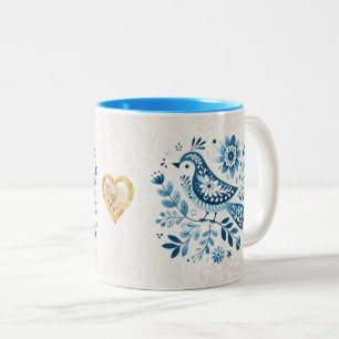 Caneca De Café Em Dois Tons Pássaro Foliar Escandinavo Azul