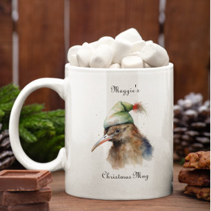 Caneca De Café Em Dois Tons Pássaro Kiwi bonito no Chapéu Elf de Natal, person
