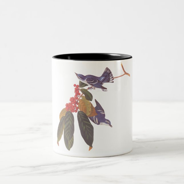 Caneca De Café Em Dois Tons Pássaro Warbler Ceruliano de Audubon com Berries V (Centro)