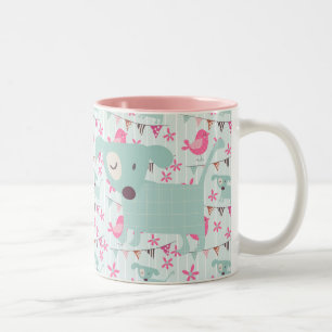 Caneca De Café Em Dois Tons Pássaros, cães, bandeiras, flores