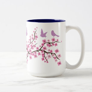 Caneca De Café Em Dois Tons Pássaros e flores de cerejeira
